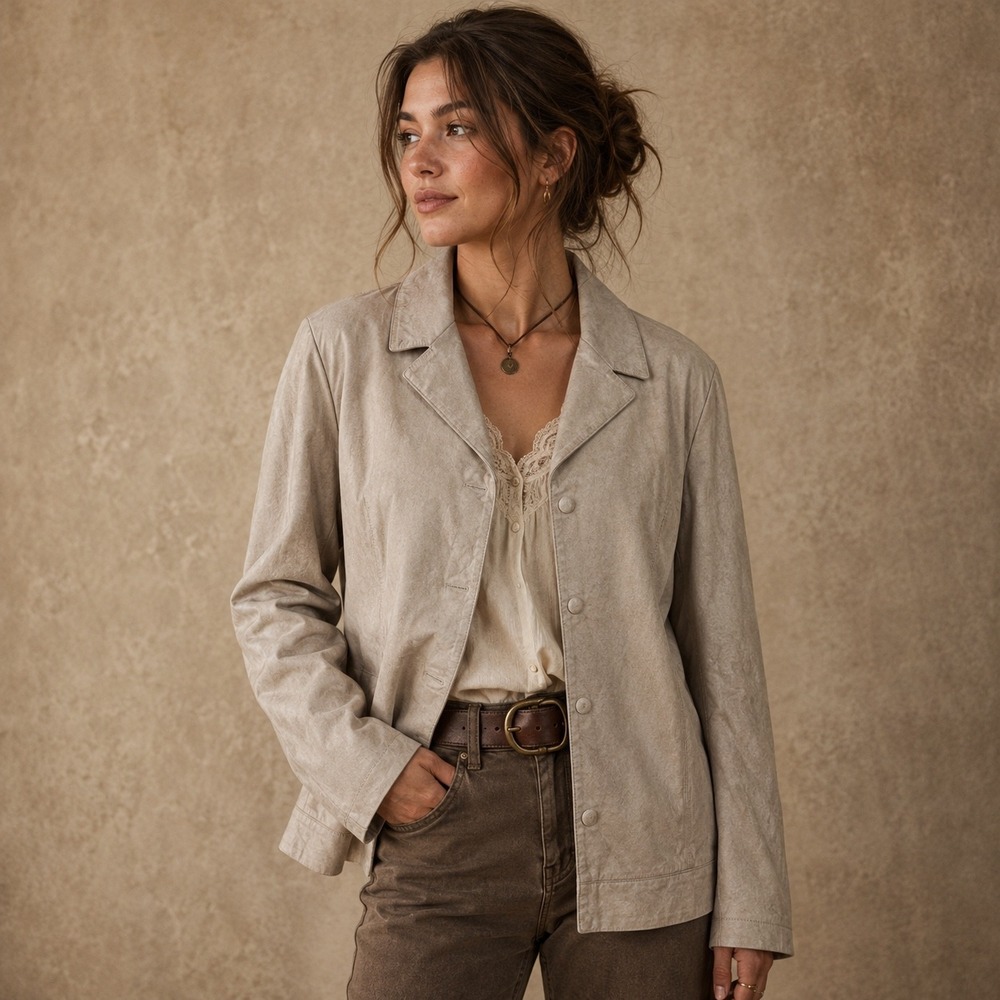 Caslon Womens Beige Genuine Leather Suede Blazer Jacket 2X Minimalist Western